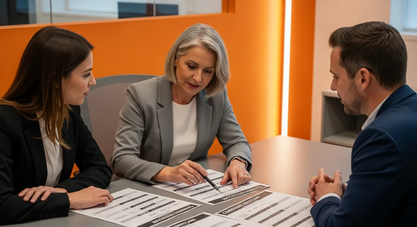 Hiring panel of three interviewers reviewing Salesforce admin candidate scorecards during a structured debrief in a modern conference room