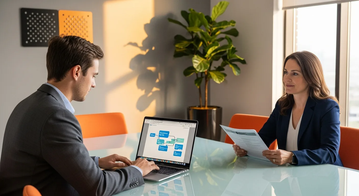 Salesforce admin candidate working through a live Flow Builder debugging scenario on a laptop while the hiring manager reviews a structured rubric across the conference table