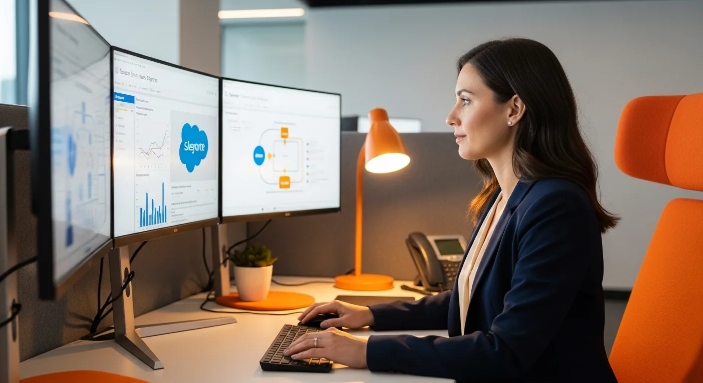 Senior Salesforce administrator at a three-monitor workstation reviewing a Lightning dashboard and an automation flow diagram in a modern enterprise CRM operations center