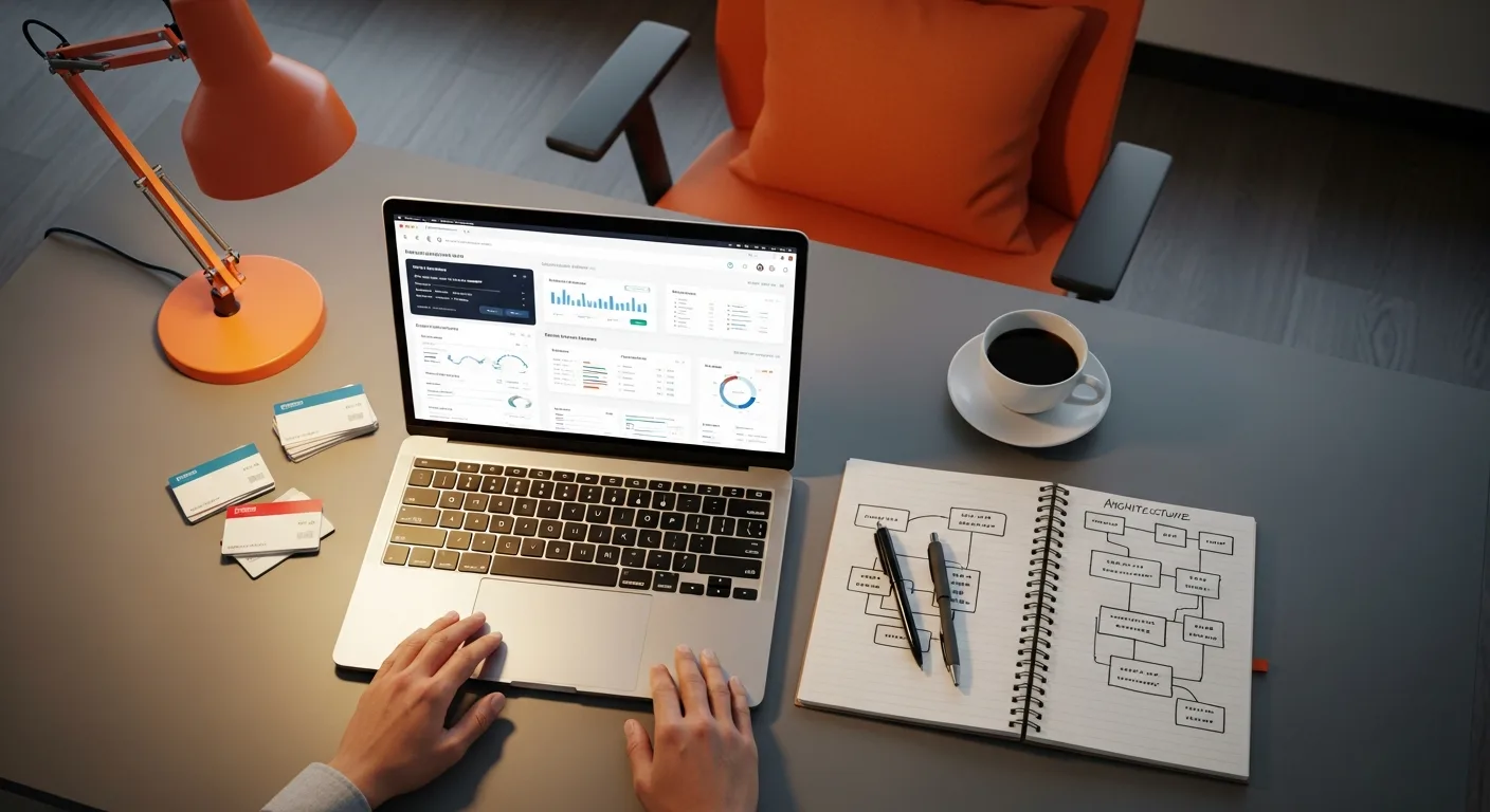 Salesforce certification credentials and architect journey design diagrams laid out on a desk with a laptop running the Salesforce platform