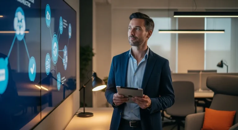Senior Salesforce architect holding a tablet and reviewing an enterprise integration architecture diagram on a wall-mounted display in a modern office