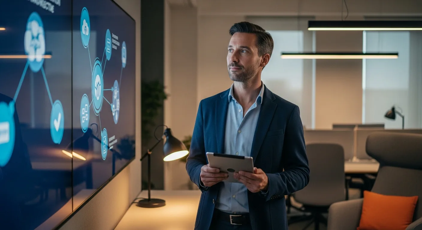 Senior Salesforce architect holding a tablet and reviewing an enterprise integration architecture diagram on a wall-mounted display in a modern office