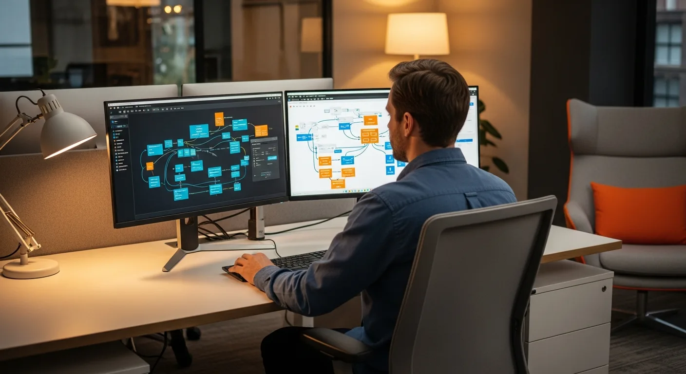 Senior Salesforce architect reviewing solution design diagrams and integration maps on a dual ultrawide monitor workstation in a modern enterprise office