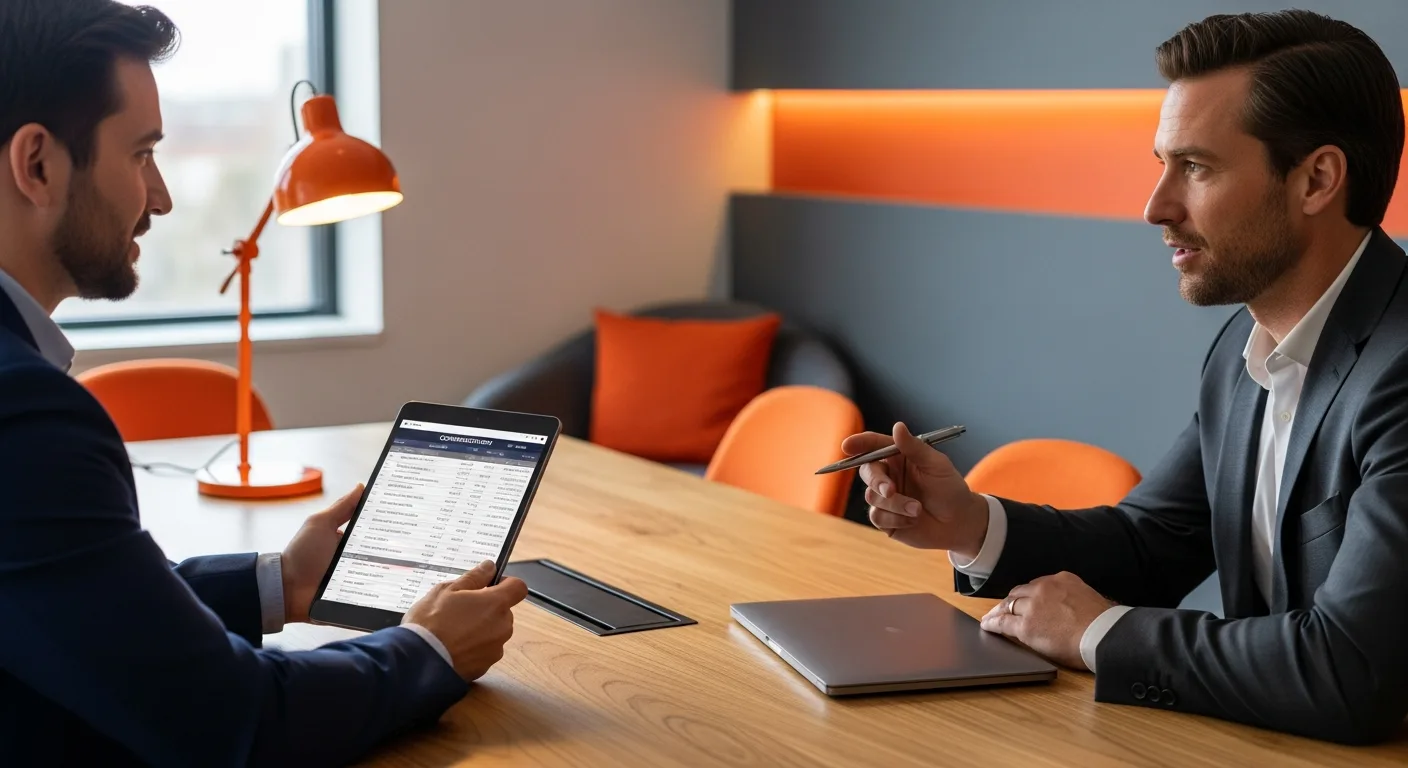 Hiring manager and recruiter reviewing a Salesforce architect compensation offer on a tablet at a conference room table