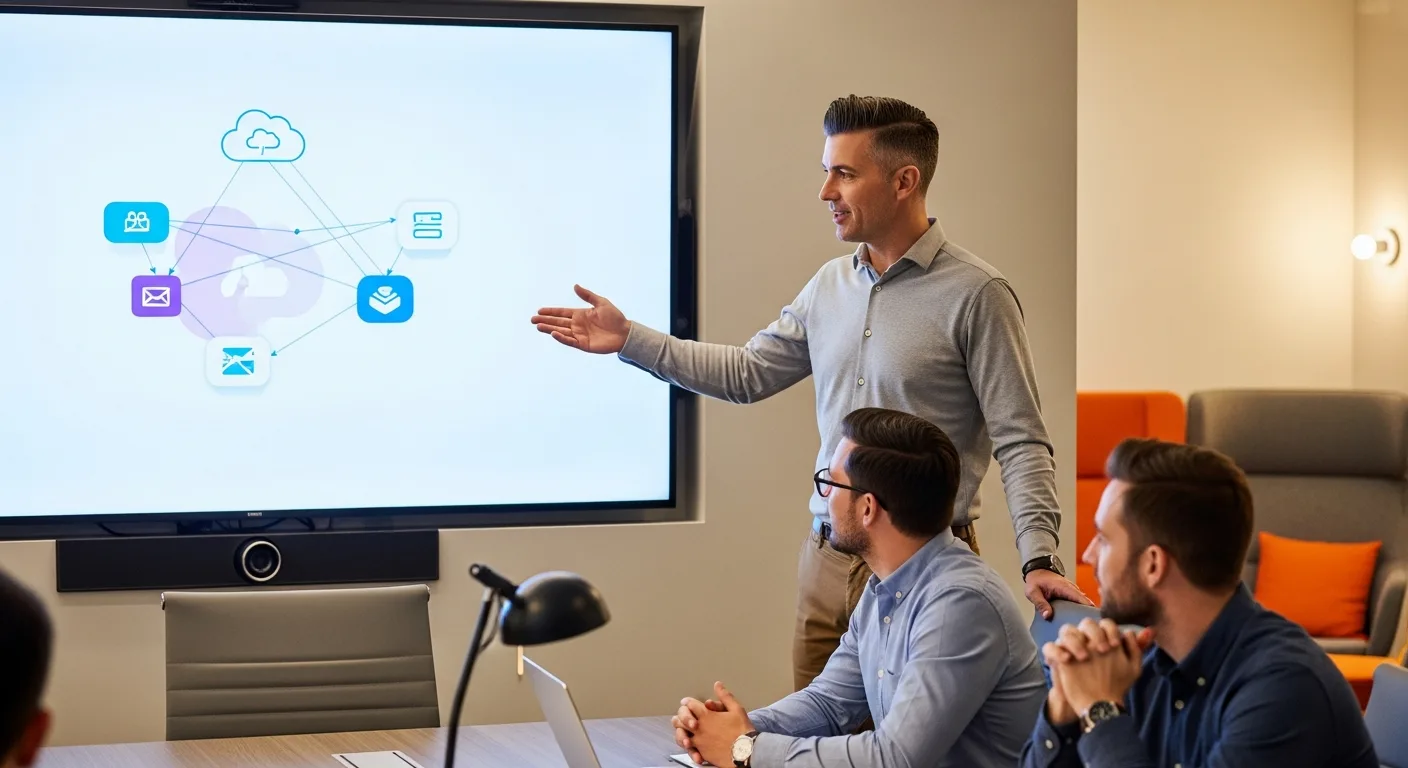 Salesforce architect collaborating with developers in a modern office, pointing to a wall-mounted screen showing an integration architecture diagram