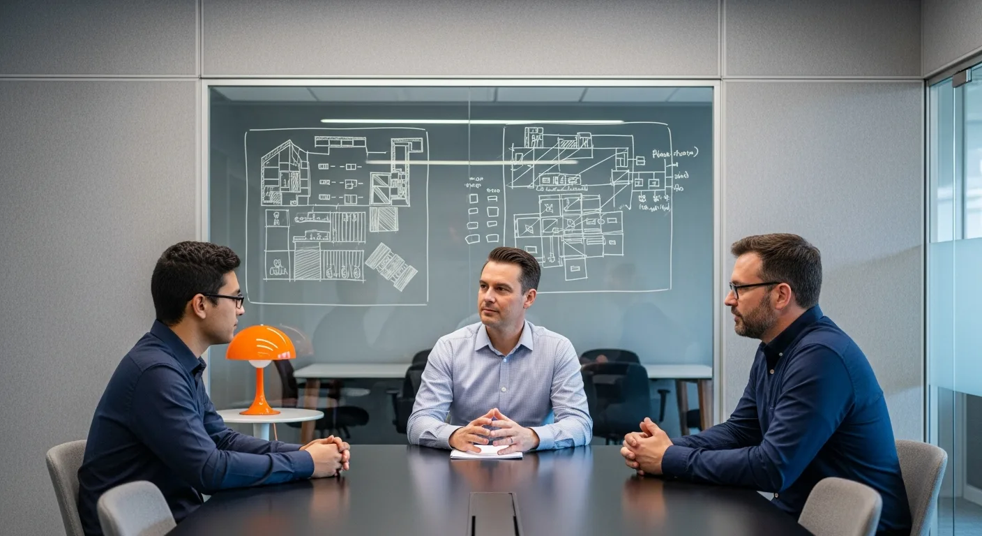 Salesforce developer technical interview panel with candidate facing two interviewers and a whiteboard of architecture diagrams in a modern tech office