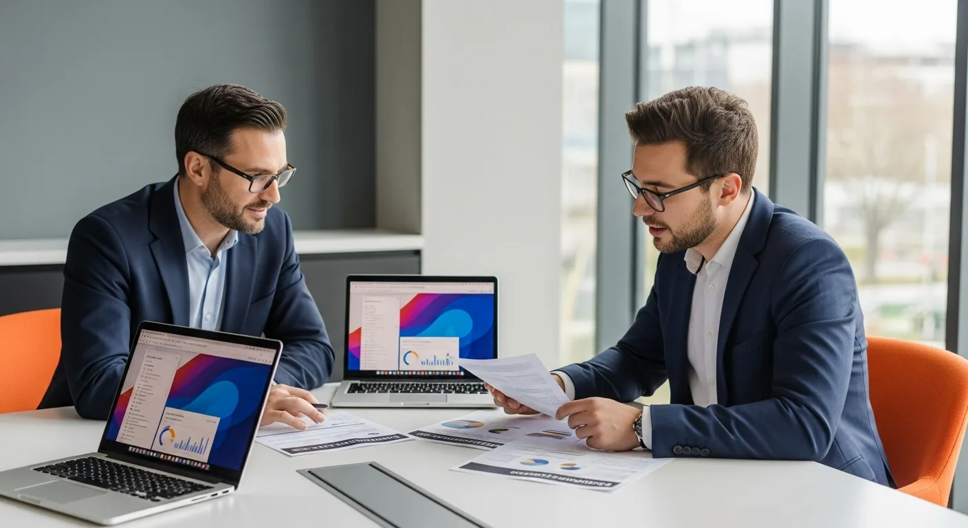 Hiring manager and technical lead reviewing a Salesforce developer job description on printed pages at a conference table with laptops and an orange accent chair