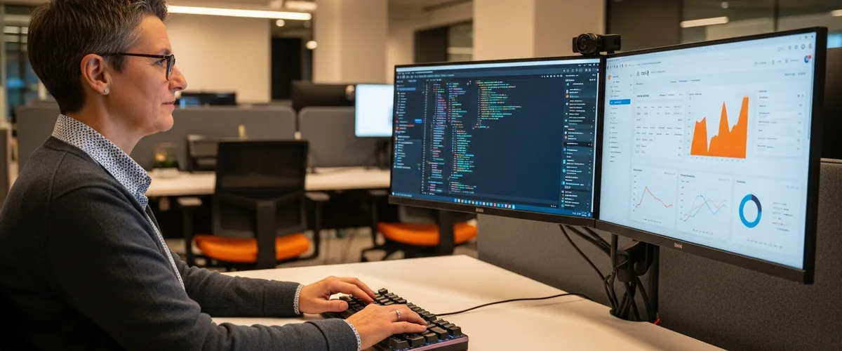 Salesforce developer workstation with abstract code editor on dual ultrawide monitors and a CRM dashboard, modern Orange County tech office with orange accent furniture