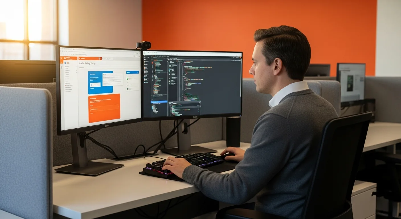 Senior Salesforce developer at a dual-monitor workstation reviewing Lightning Web Component code and Salesforce admin setup in a modern tech office