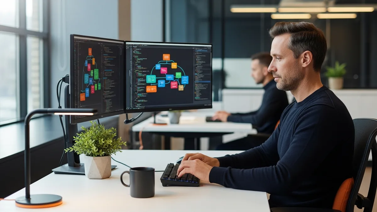 Senior SAP ABAP and BTP developer at dual-monitor workstation building S/4HANA modernization code 2026