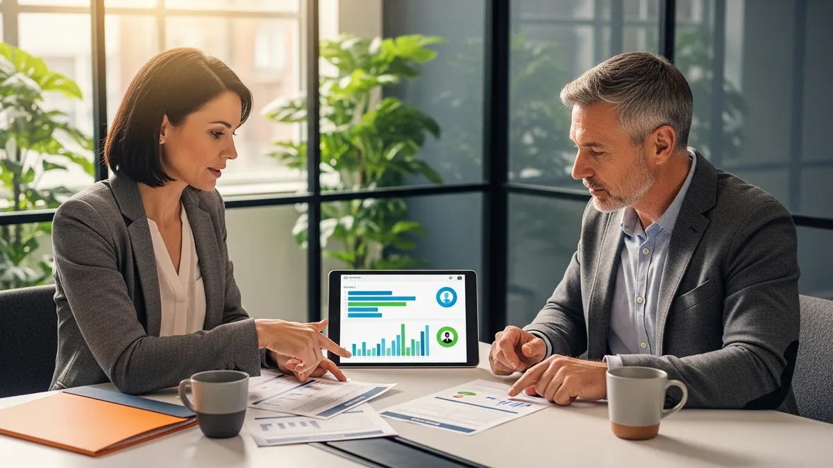 Mid-market hiring manager and KORE1 recruiter reviewing displaced SAP candidate profiles 2026