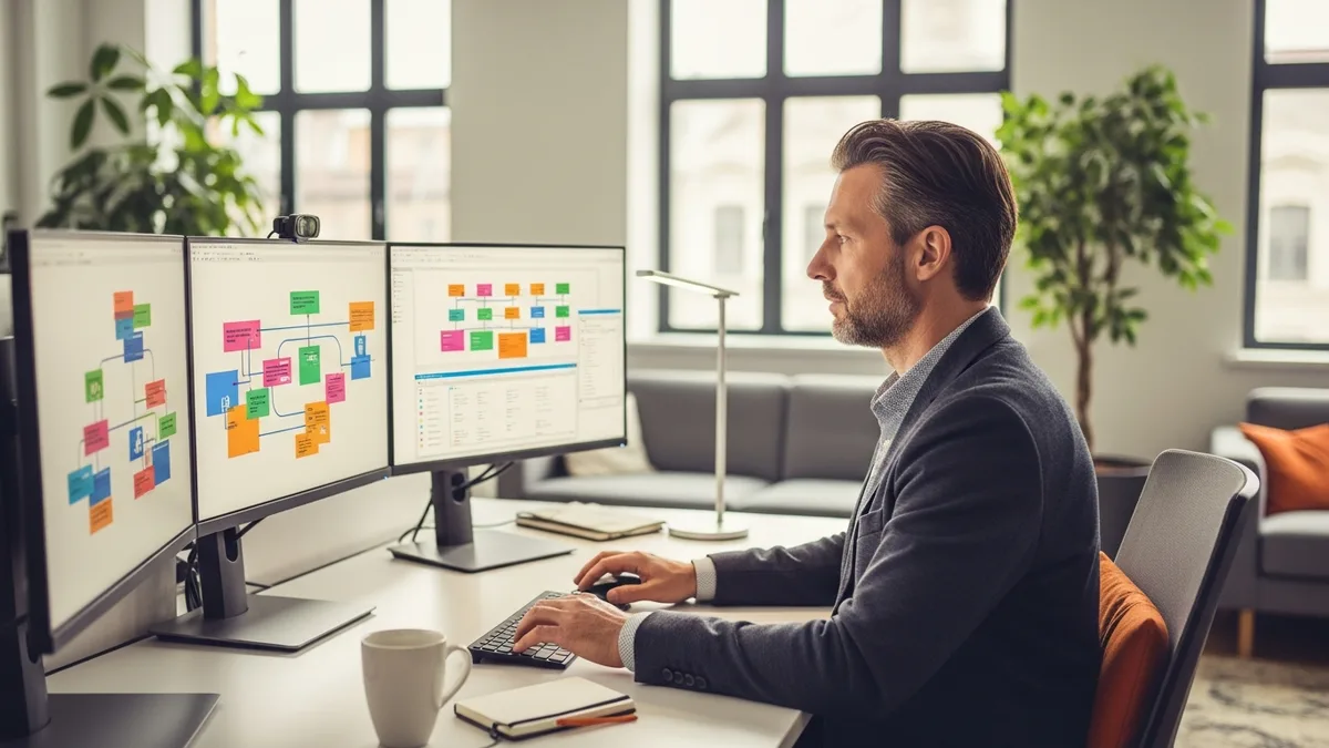 Senior SAP S/4HANA consultant at workstation reviewing ECC migration architecture during 2026 SAP layoffs
