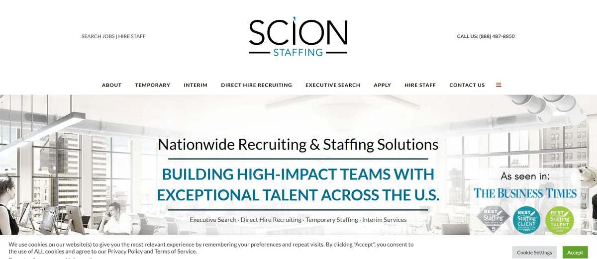 Scion Staffing San Francisco homepage screenshot showing nationwide recruiting and staffing solutions