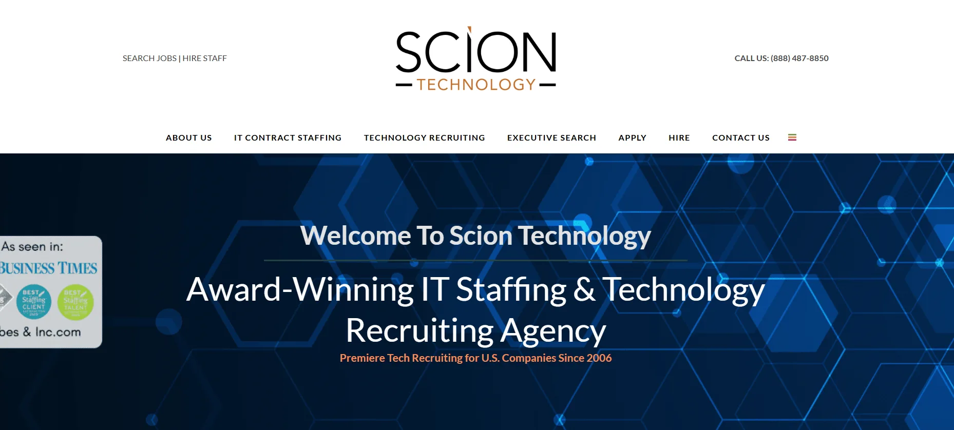 Screenshot of the Scion Technology staffing agency homepage with the headline Award-Winning IT Staffing and Technology Recruiting Agency