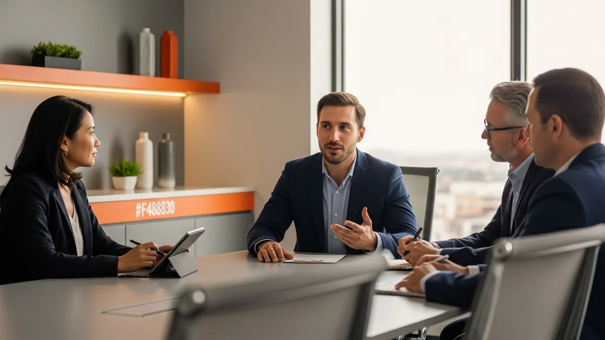 Scrum master candidate calmly answering a scenario question across from a panel of three hiring managers in a modern conference room
