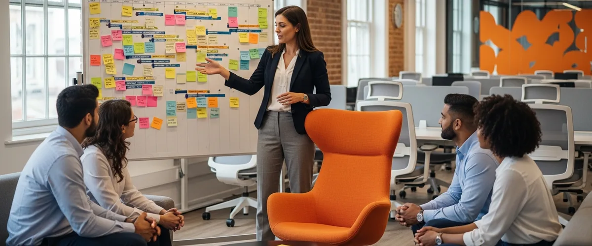 Scrum master facilitating a sprint review with her agile team at a physical kanban board covered in colored sticky notes in a modern office