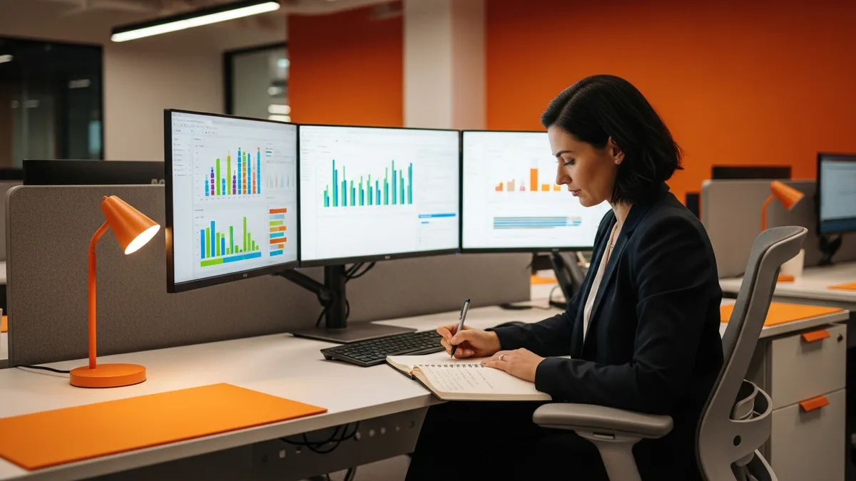 Senior scrum master at a three-monitor workstation reviewing Jira dashboards and sprint burndown charts in a modern agile operations area