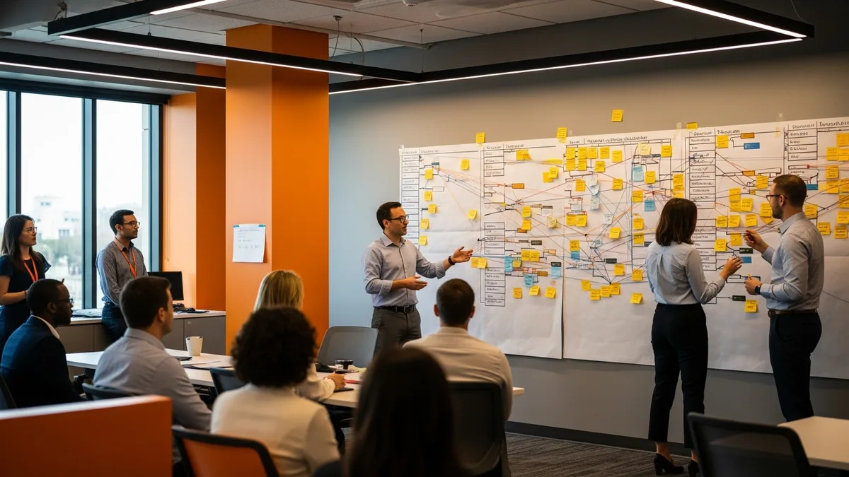 PI planning session with multiple agile teams gathered around a wall of sticky notes mapping cross-team dependencies for a SAFe Agile Release Train
