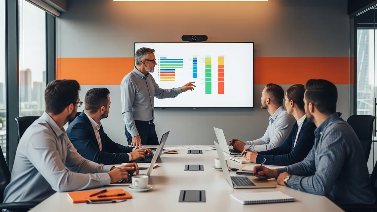 Senior scrum master facilitating a sprint planning meeting with a development team around a long conference table with a wall display