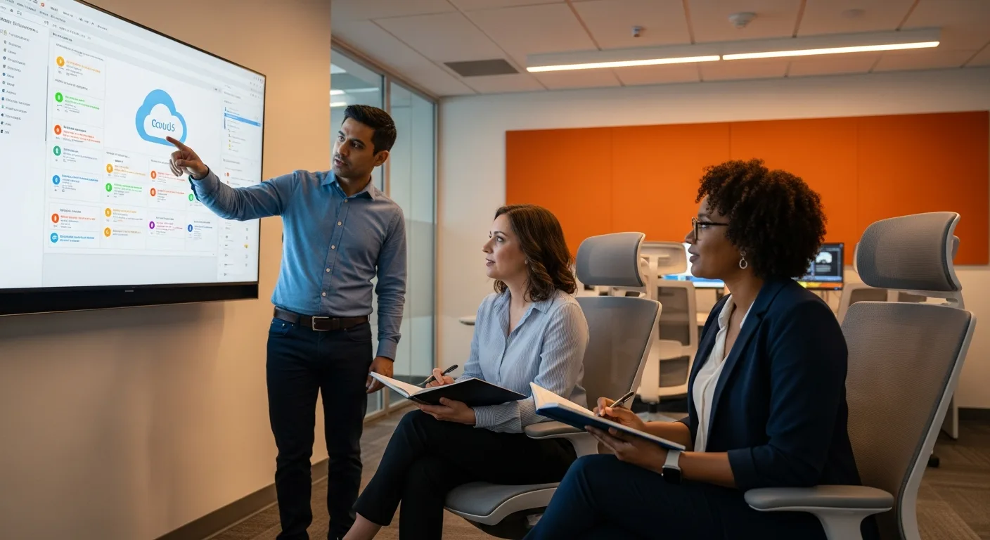 Three cybersecurity professionals collaborating around a cloud security posture management dashboard showing categorized security findings in a modern security operations room