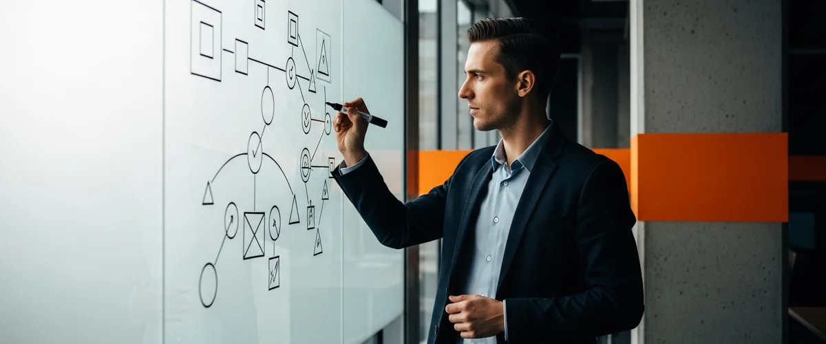 Cybersecurity engineer at a glass whiteboard designing a zero-trust security architecture diagram in a modern office with orange accent wall