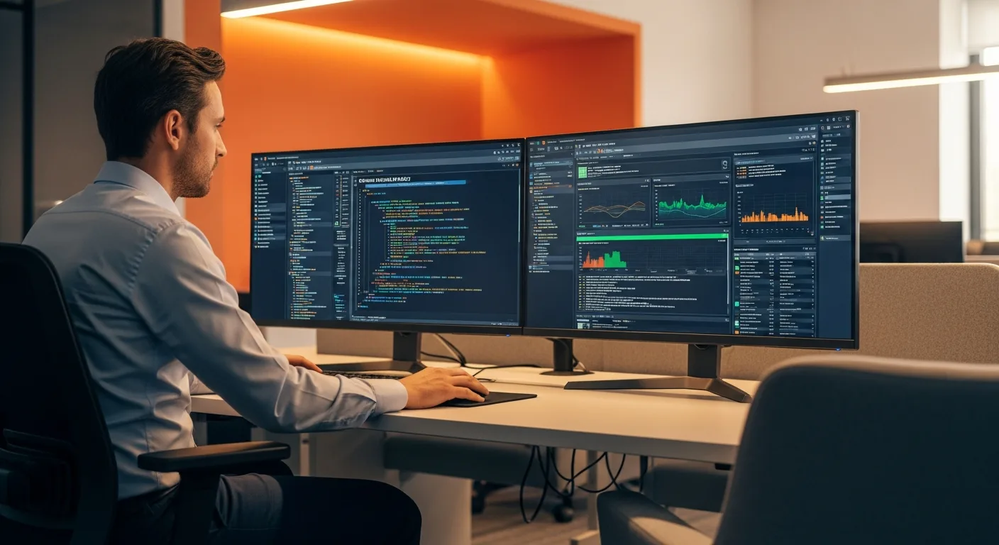 Senior security engineer at a modern SOC workstation reviewing AWS IAM policy code and a SIEM detection dashboard on dual ultrawide monitors