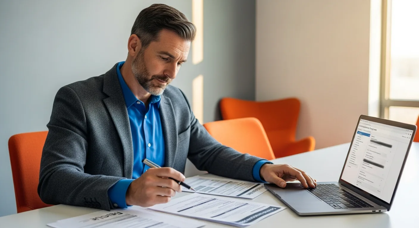 Hiring manager reviewing a security engineer job description template and candidate resume at a clean conference table with applicant tracking system open on laptop