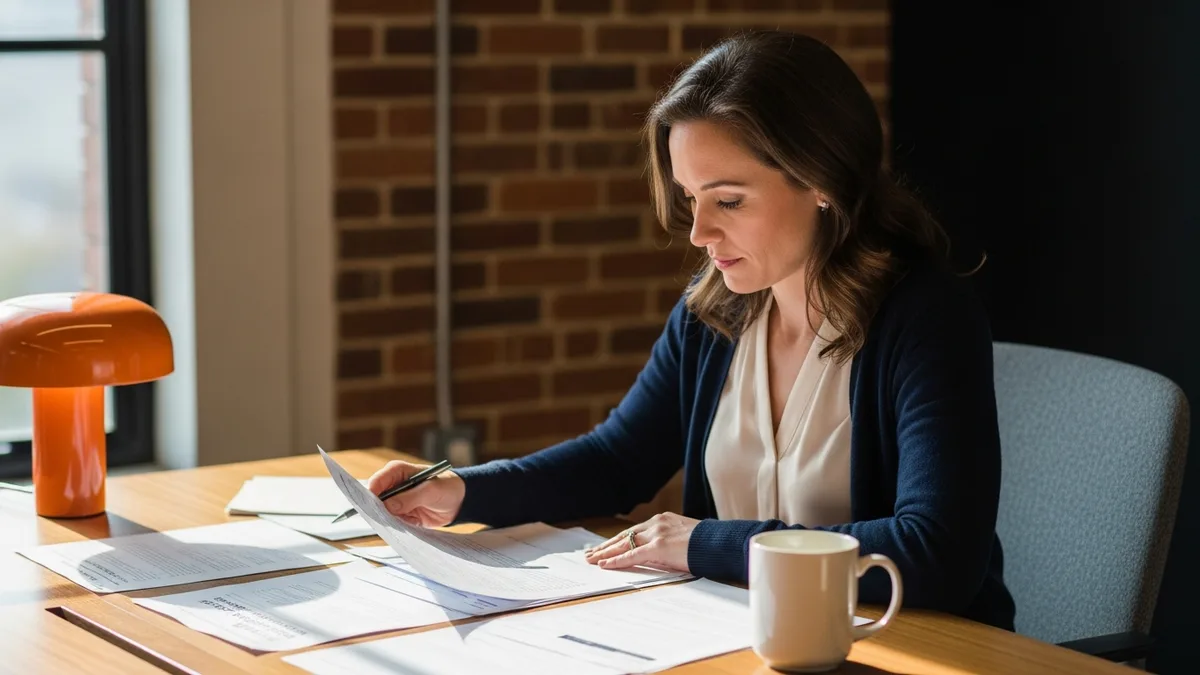 Senior product manager reviewing customer discovery interview notes at a sunlit desk in an Austin technology company office