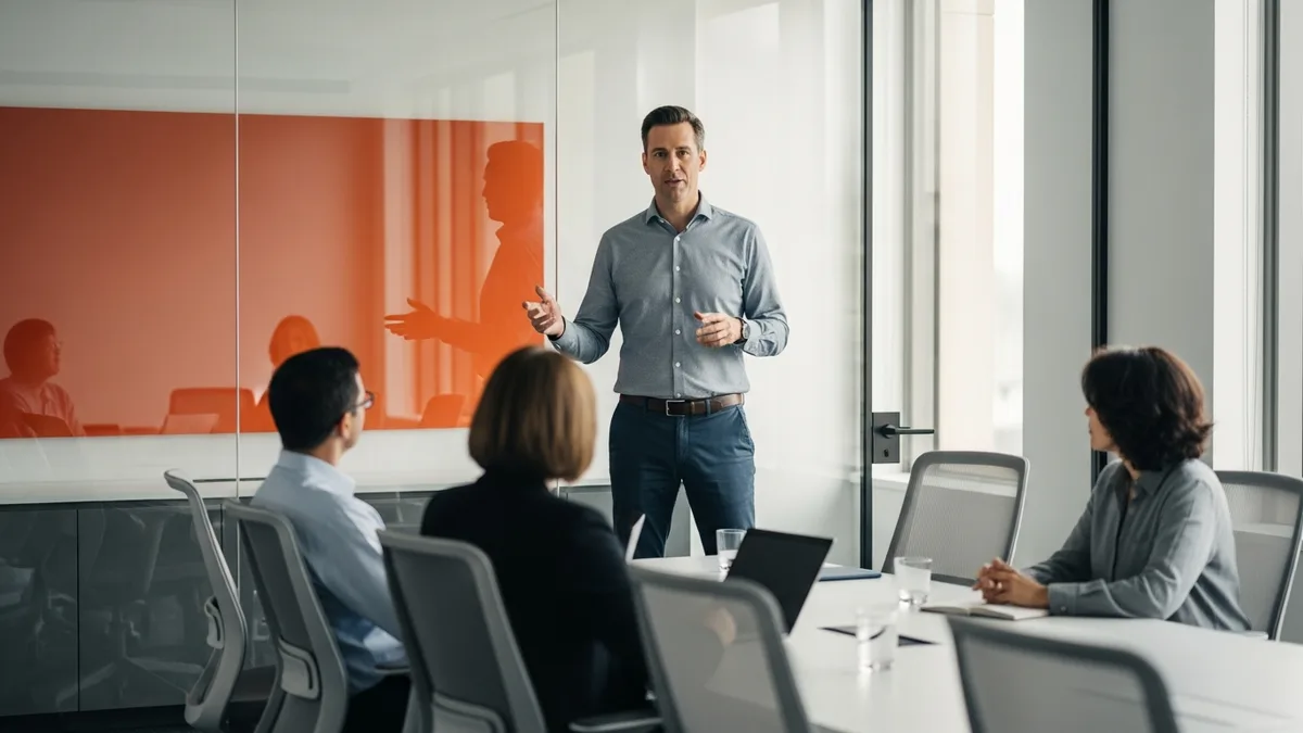 Senior product manager presenting a quarterly product strategy and roadmap to three executives in a New York tech company conference room
