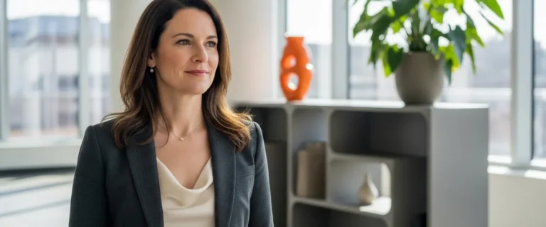 Editorial portrait of a senior product manager in a sunlit modern minimalist tech office lobby — KORE1 2026 senior product manager salary guide featured image