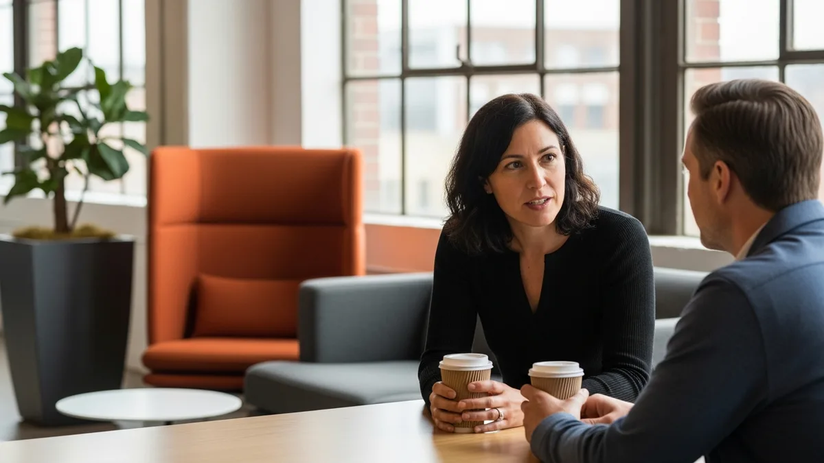 Senior product manager and hiring manager in a candid scope and compensation conversation over coffee in a modern Seattle tech company lounge