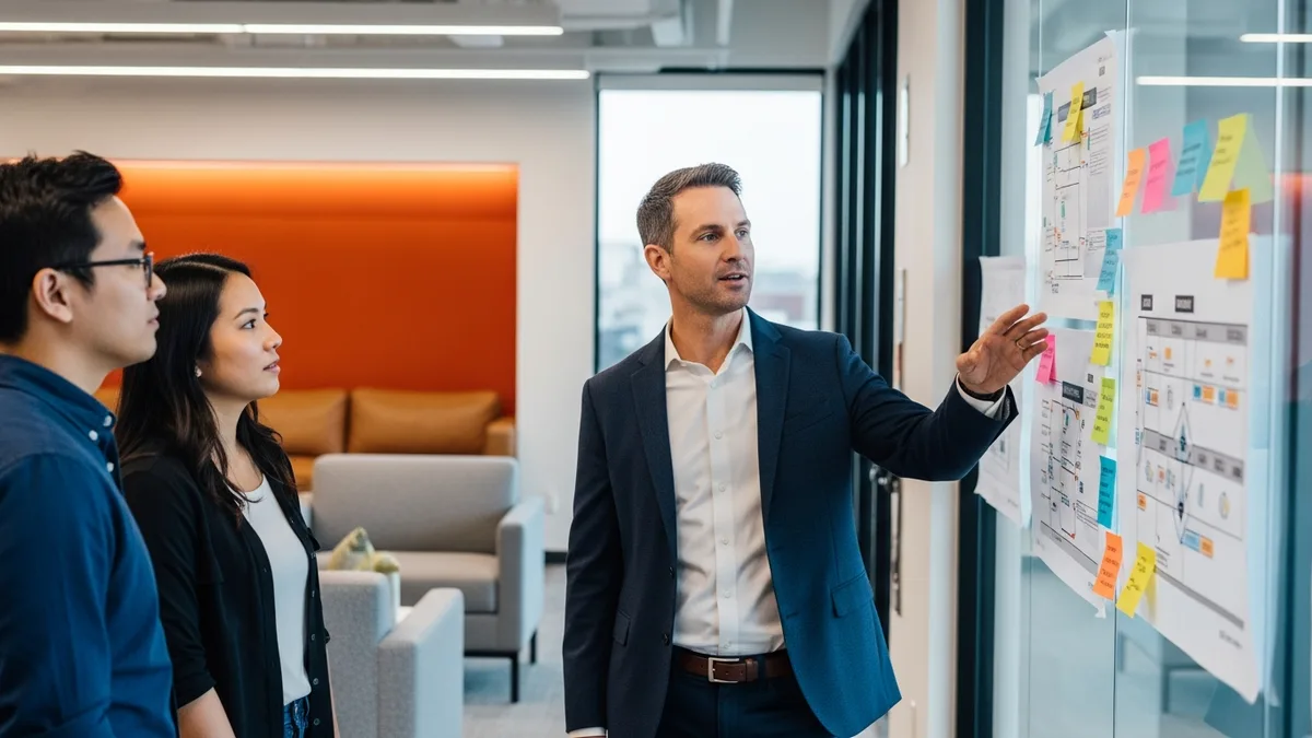 Senior product manager presenting a 2026 product roadmap on a glass strategy wall to two engineers in a Bay Area tech office, illustrating senior product manager day-to-day scope