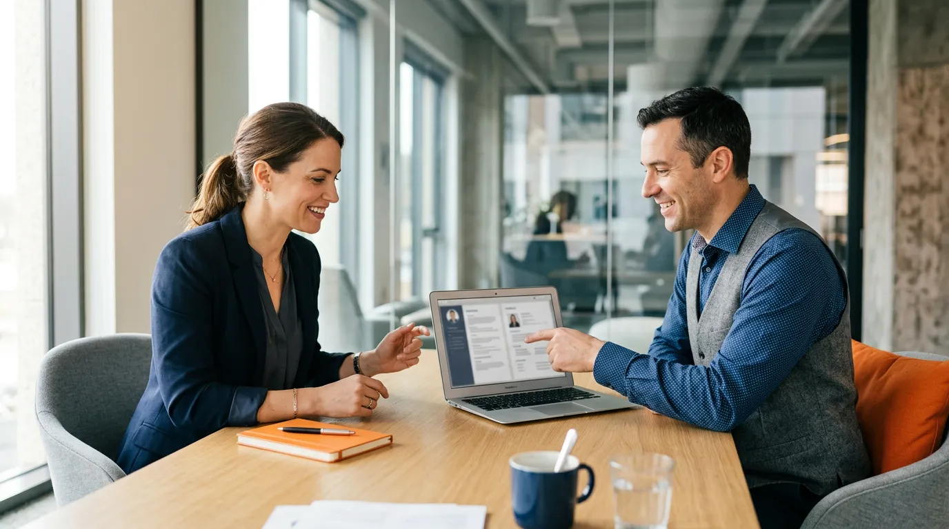 Marketing director and KORE1 recruiter reviewing SEO candidate profiles and search portfolios on a laptop