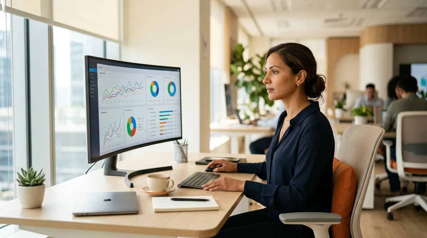 SEO specialist reviewing Google Search Console performance data and SERP ranking positions on a widescreen monitor