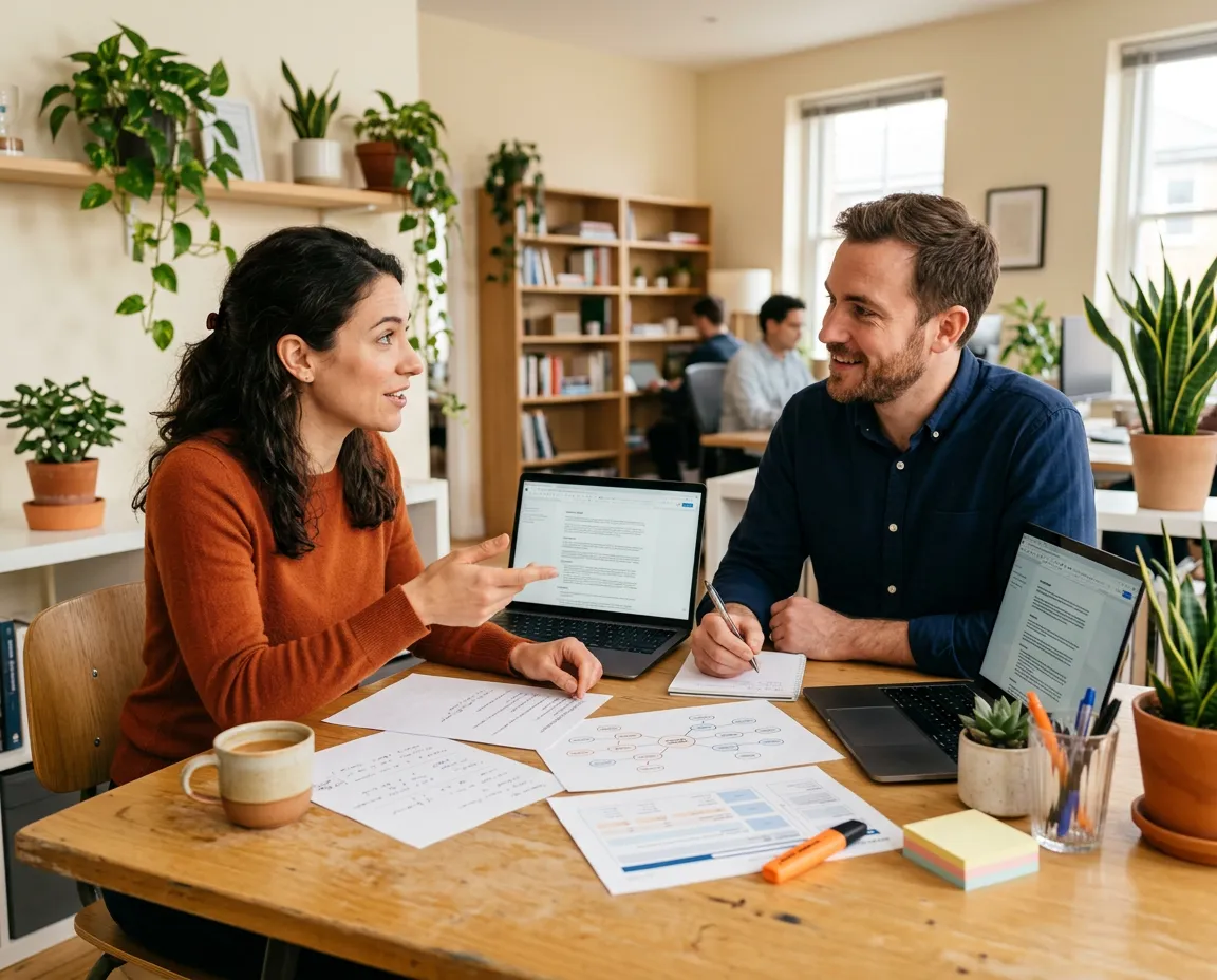 Two SEO specialists collaborating on a content brief and topic cluster map with keyword research notes