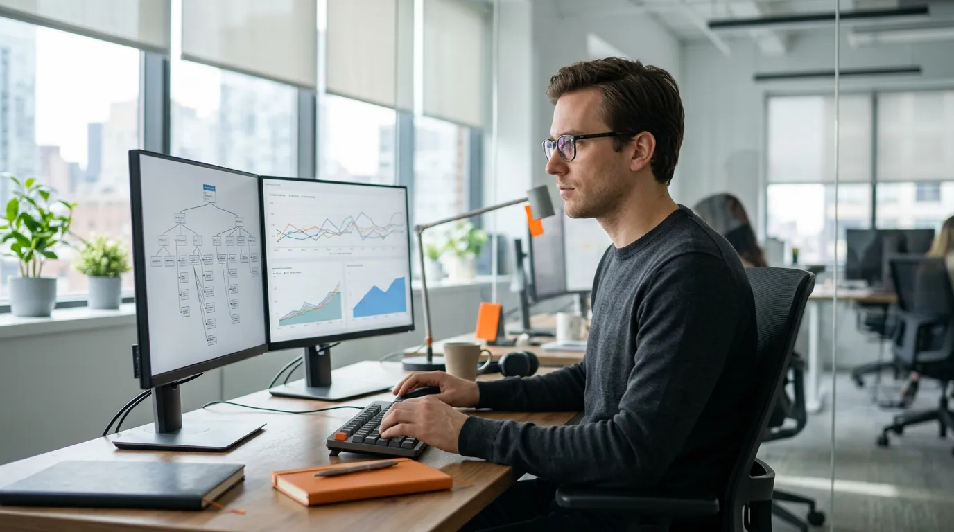 Technical SEO specialist analyzing site crawl data and Core Web Vitals on dual monitors