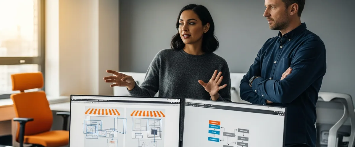 Ecommerce engineering team reviewing storefront wireframes and checkout flow diagrams during the 2026 Shopify layoffs ecommerce engineering hiring window
