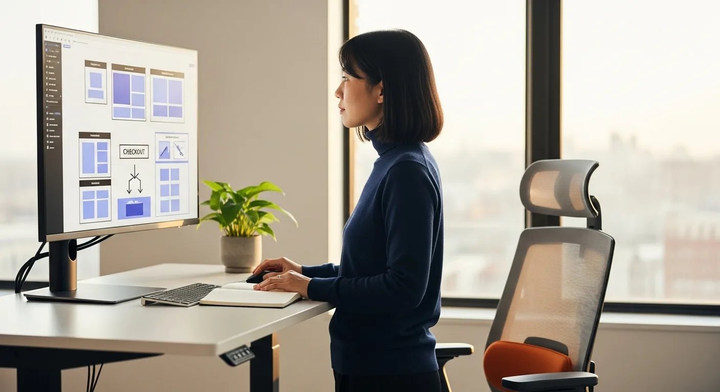 Senior headless Hydrogen frontend engineer reviewing a Shopify Storefront API integration and composable commerce wireframe in a modern engineering office during the 2026 ecommerce hiring window