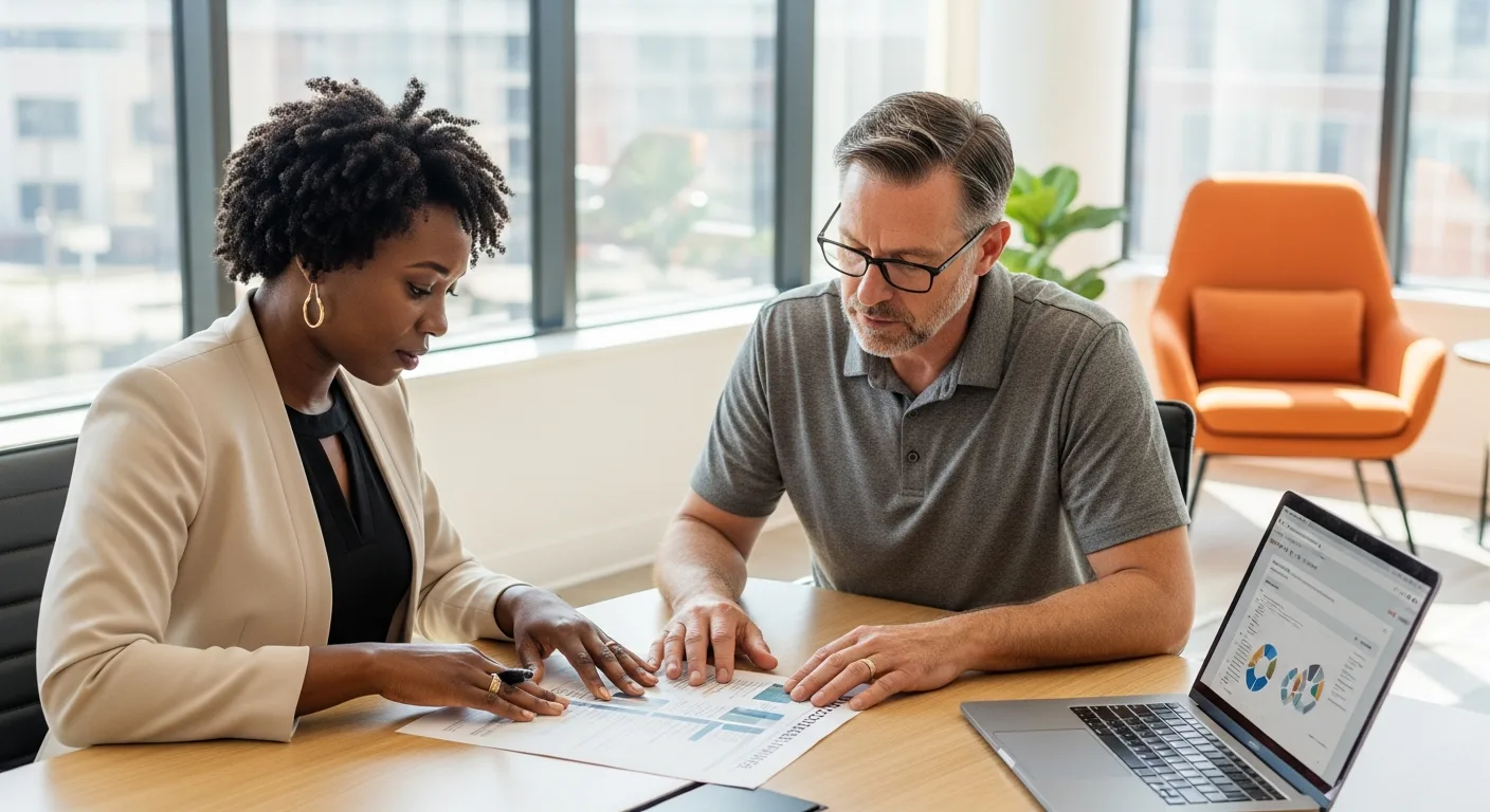 Hiring manager and KORE1 staffing recruiter reviewing the displaced Shopify candidate pipeline at a conference table during the 2026 ecommerce engineering hiring window after Shopify layoffs