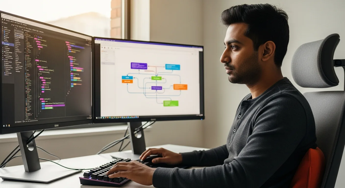 Senior Shopify Plus developer at a dual-monitor workstation reviewing Liquid template code and checkout extensibility flow during the 2026 ecommerce engineering hiring window after Shopify layoffs