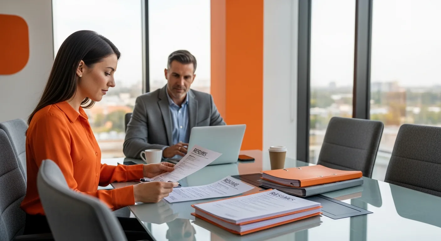 Two hiring managers reviewing displaced ServiceNow platform admin and developer resumes at a conference table in 2026