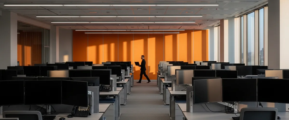 Thinned-out enterprise IT operations center after the 2026 ServiceNow no-backfill attrition policy and QE function elimination