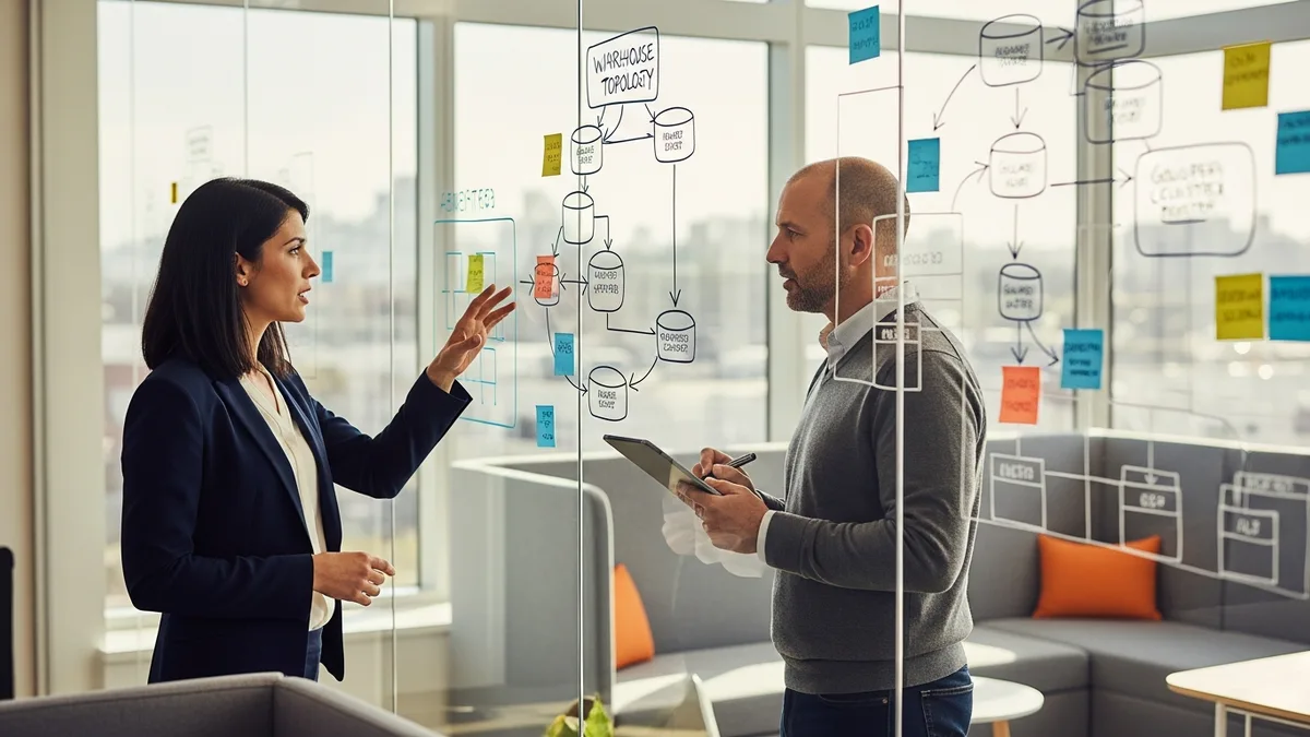 Snowflake architect and engineering lead mapping warehouse topology and role-based access controls on a glass wall with sticky notes and dry-erase diagrams