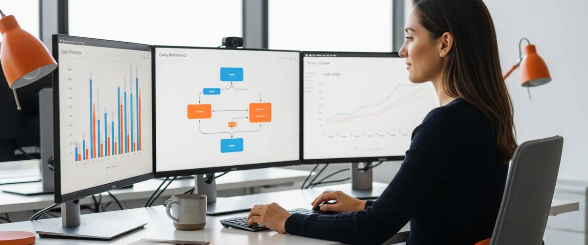 Senior Snowflake data engineer reviewing query performance and warehouse credit dashboards across three monitors in a bright Orange County tech office
