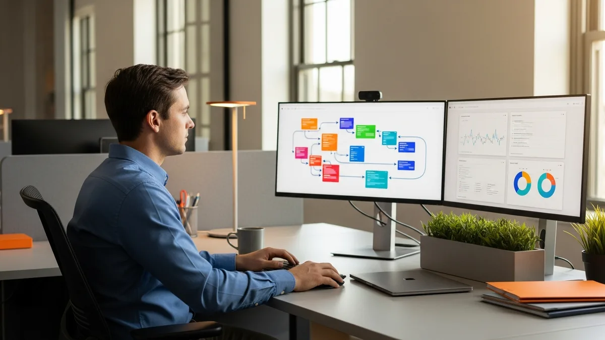 Senior Snowflake data engineer reviewing data pipeline blocks and dashboard tiles across dual ultrawide monitors at a modern workstation