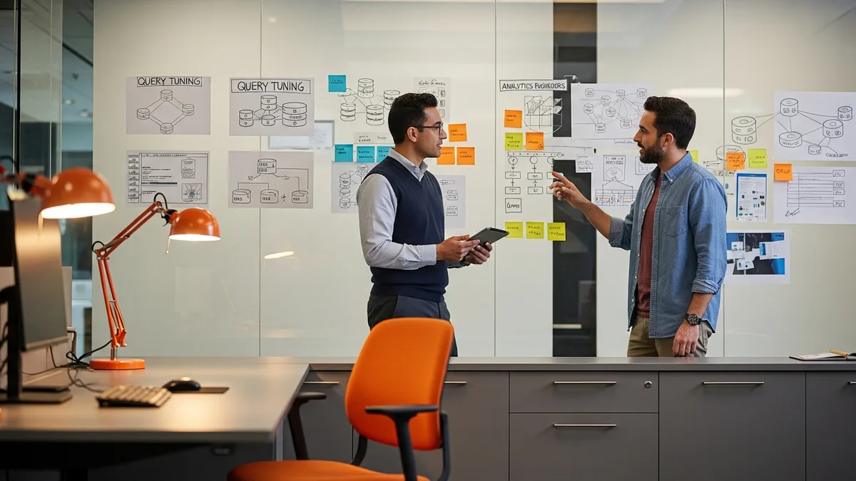 Two analytics engineers reviewing a Snowflake migration architecture diagram during the 2026 data cloud reorganization