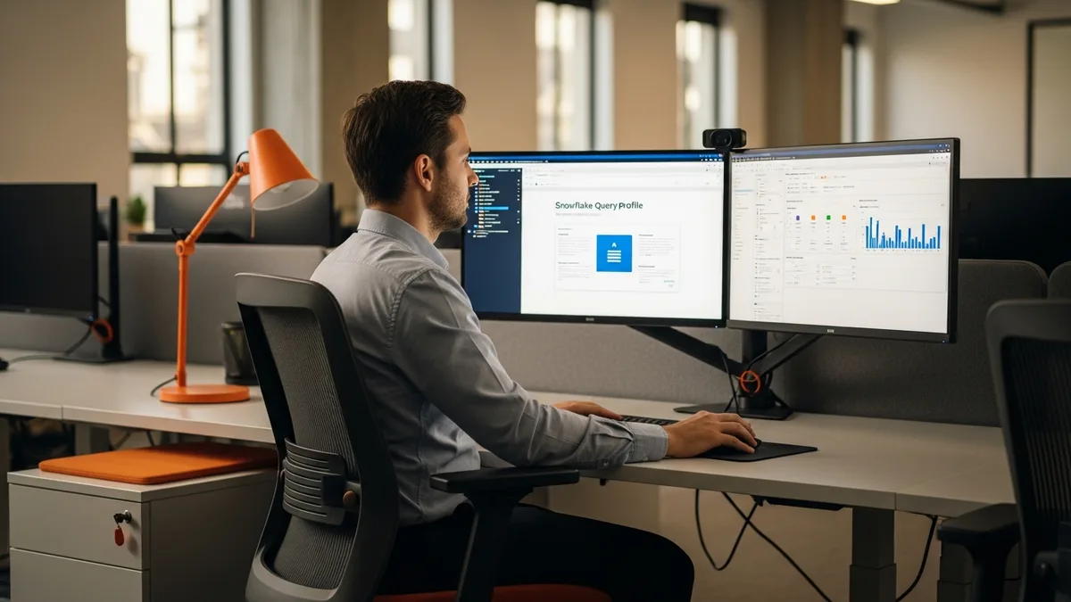 Senior Snowflake data engineer reviewing a query profile and Cortex pipeline architecture during the 2026 Snowflake layoffs and AI restructuring