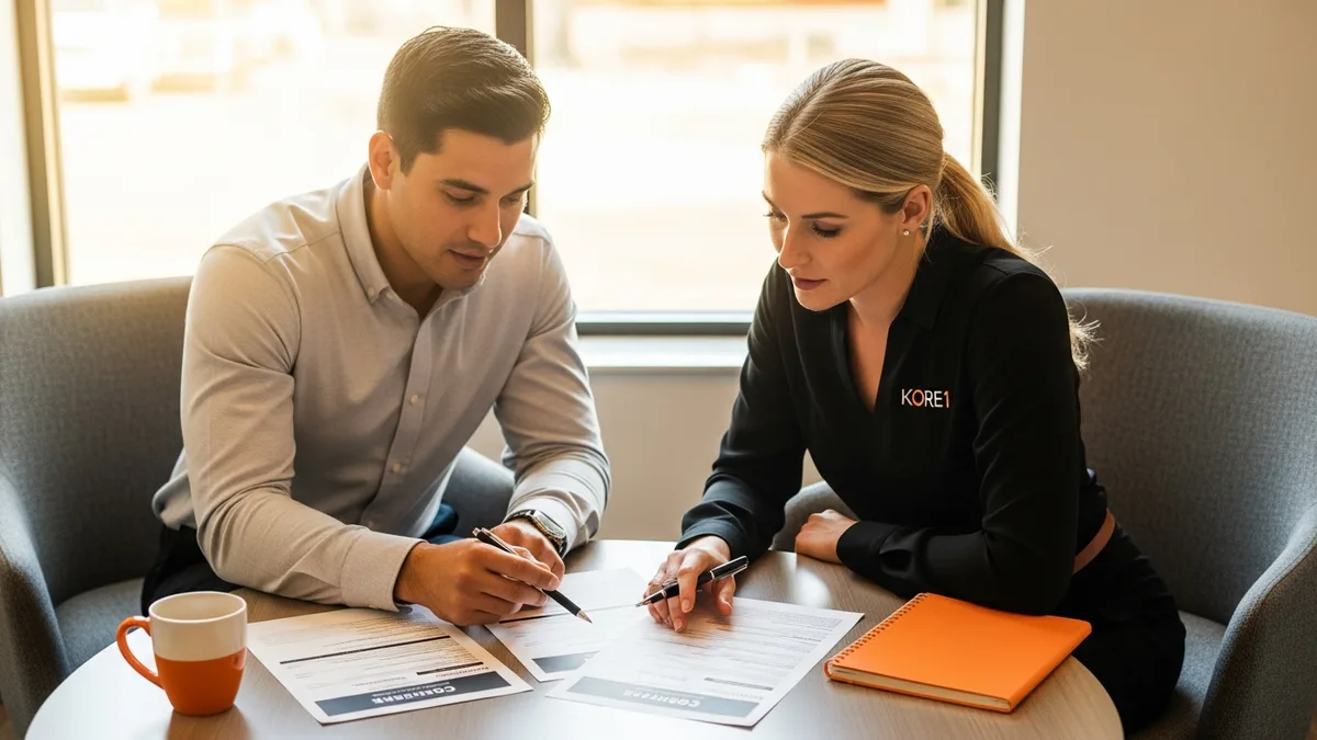 Mid-market hiring manager and KORE1 recruiter reviewing displaced Snowflake candidate profiles during the 2026 reorganization