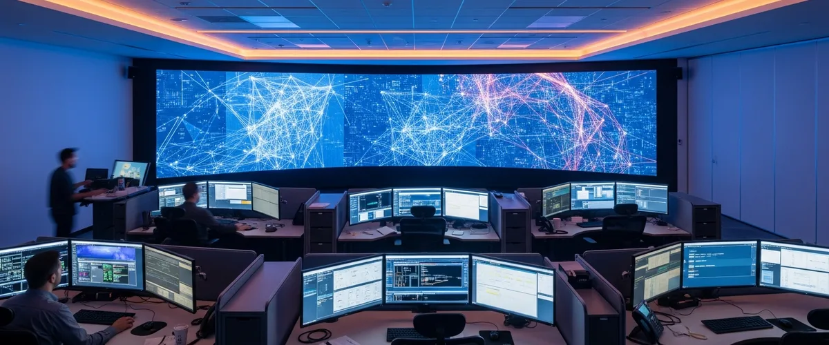 Modern enterprise security operations center with rows of analyst workstations and large wall mounted incident timeline display under cool blue and warm orange ambient lighting