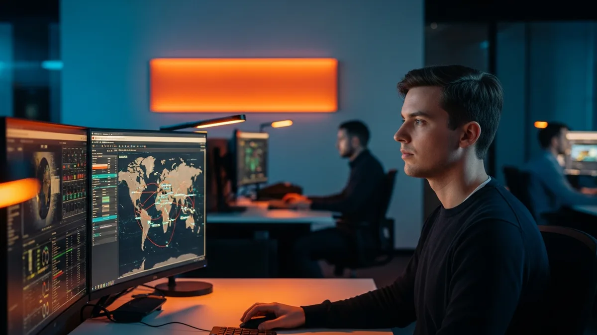 SOC analyst reviewing SIEM dashboard with active threat alerts on multi-monitor security operations center workstation